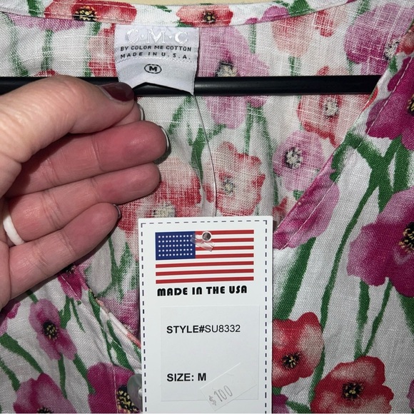 CMC Color Me Cotton Women’s M 100% Linen Button Front Shirt White Floral NWT - Picture 2 of 3